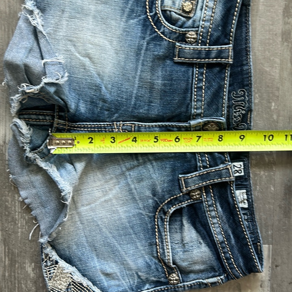 Miss Me Blue Denim Distressed Shorts with Snake Print Trim - Picture 5 of 13